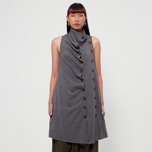 NO.67 Women&#39;s Front Effect Long Vest, Sleeveless Asymmetric Cardigan, Casual Long Top with Pockets in Mottled Gray