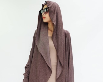 NO.228 Women's Waterfall Collar Long Sleeve Cardigan, Cardigan Sweater in Heather Brown