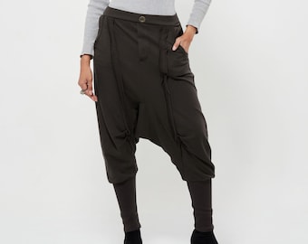 NO.154 Women's Casual Drop Crotch Harem Pants, Harem Jogger Pants, Low Crotch Trousers, Unisex Pants in Charcoal