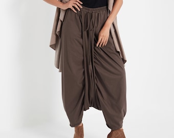 NO.309 Women’s Drawstring Waist Low Crotch Skirt/Pants, Loose Drop Crotch Harem Trouser, Comfy Leisure Skirt/Pants in Brown