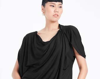 NO.60 Women's Origami Asymmetrical Top, Loose Summer Tshirt, Comfy Casual Convertible Top in Black