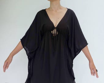 NO.216 Women’s V Neck Pom Pom Trim Kaftan Top, Cover Up Caftan Tunic, Beachwear Caftan in Black