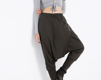 NO.167 Women's Button Detail Drop Crotch Harem Pants, Cross Front Trousers, Unisex Pants in Charcoal