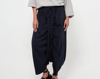 NO.309 Women’s Drawstring Waist Low Crotch Skirt/Pants, Loose Drop Crotch Harem Trouser, Comfy Leisure Skirt/Pants in Blue