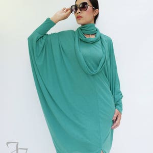 NO.57 Women's Batwing Sleeve With Scarf Dress, Batwing Long Sleeve Dress in Turquoise