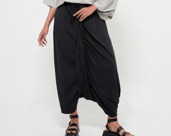 NO.309 Women’s Drawstring Waist Low Crotch Skirt/Pants, Loose Drop Crotch Harem Trouser, Comfy Leisure Skirt/Pants in Black