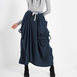 NO.123 Women&#39;s Large Patch Pocket Maxi Skirt, Long Maxi Skirt With Pockets, Comfy Casual Convertible Skirt in Blue