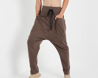 NEW---NO.320 Men’s Drawstring Drop Crotch Pants, Unisex Urban Trouser, Comfy Leisure Pants in Brown