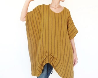 NO.262 Women's Striped Drawstring Front Kaftan Top, Minimalist Loose Caftan, Short Sleeve Loungewear Kaftan in Mustard Yellow