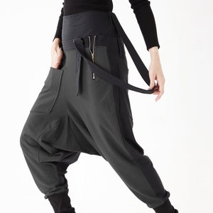 NO.254 Women&#39;s High Waist Suspender Harem Pants, Drop Crotch Joggers, Urban Fashion, Unisex Trousers in Charcoal
