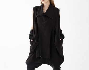 NO.224 stijlvol asymmetrisch dameshemd met ritssluiting, ruimvallend vest in zwart
