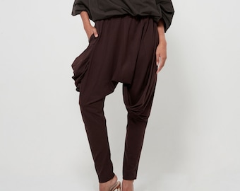 NO.193 Women's Draped Front Harem Pants, Trendy Drop Crotch Trousers, Casual Pull-On Pants in Brown
