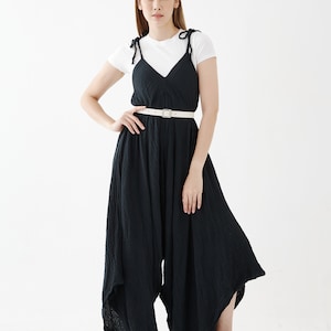 NO.275 Women&#39;s Lagenlook Wide Leg Romper, Casual Harem Jumpsuit, Natural Fiber Flexible Cotton Playsuit in Black