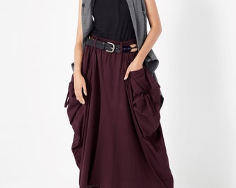 NO.123 Women's Large Patch Pocket Maxi Skirt, Long Maxi Skirt With Pockets, Comfy Casual Convertible Skirt in Plum