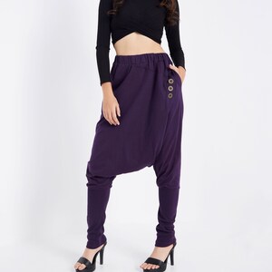 NO.167 Women&#39;s Button Detail Drop Crotch Harem Pants, Cross Front Trousers, Unisex Pants in Purple