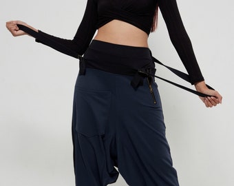 NO.254 Women's High Waist Suspender Harem Pants, Drop Crotch Joggers, Urban Fashion, Unisex Trousers in Blue