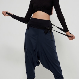 N.° 254 Pantalones Harem de tiro alto con tirantes para mujer, joggers de tiro caído, moda urbana, pantalones unisex en azul