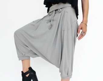 NO.184 Women's Pleated Front Drop Crotch Harem Pants, Low Crotch Trousers, Casual Harem Shorts in Gray