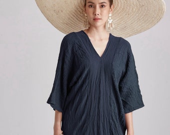 NO.238 Women's Three Quarter Sleeve Vertical Striped Detail V-Neck Kaftan, Cover Up Caftan, Natural Fiber Flexible Cotton Dress in Blue