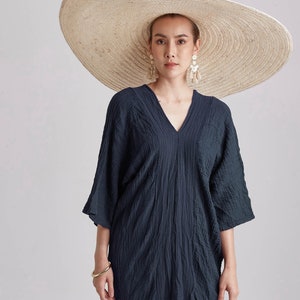 NO.238 Women&#39;s Three Quarter Sleeve Vertical Striped Detail V-Neck Kaftan, Cover Up Caftan, Natural Fiber Flexible Cotton Dress in Blue