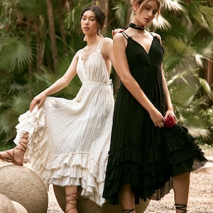 NEW---NO.313 Women&#39;s Deep V Neck Sleeveless Midi Dress, Bohemian Open Back Dress, Boho Sundress, Flare Tiered Ruffle Dress