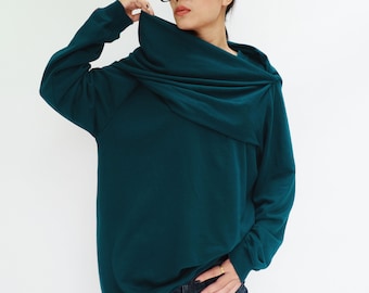 NO.230 Women's Drape Neck Pullover, Long Sleeve Sweater, Sweatshirt in Teal