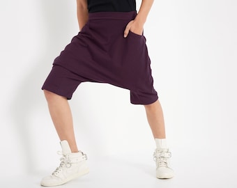 NO.264 Men's Casual Drop Crotch Shorts, Summer Streetwear Pants, Harem Shorts in Plum