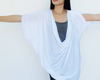 NO.60 Women's Origami Asymmetrical Top, Loose Summer Tshirt, Comfy Casual Convertible Top in White