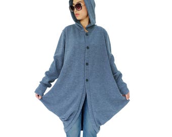 Chaqueta con capucha y manga larga para mujer NO.127, estilo capullo con botones al frente, color azul jaspeado