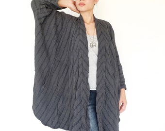 NO.263 Women's Striped Kimono Cardigan, Natural Fiber Flexible Cotton Loose Cardigan in Bluish Gray