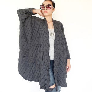 NO.263 Women's Striped Kimono Cardigan, Natural Fiber Flexible Cotton Loose Cardigan in Bluish Gray