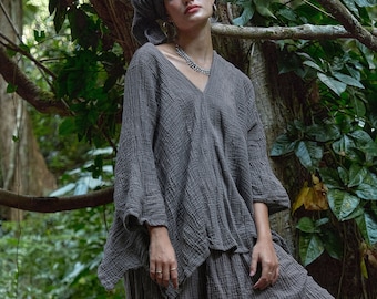 NO.276 Women's V Neck Kaftan Top, Loose Casual Summer Top, Natural Fiber Flexible Cotton Beachwear Caftan in Bluish Gray