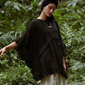 NO.295 Women&#39;s Ruffle Trimmed Kaftan Top, Beach Wear Cotton Cover-Up Caftan in Black