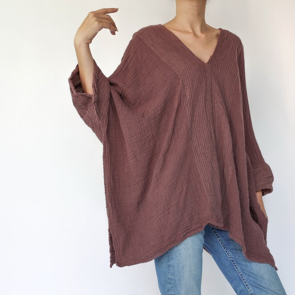 NO.276 Women's V Neck Kaftan Top, Loose Casual Summer Top, Beachwear Caftan in Brownish Pink