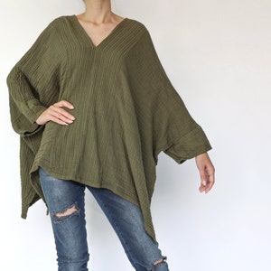NO.276 Women&#39;s V Neck Kaftan Top, Loose Casual Summer Top, Natural Fiber Flexible Cotton Beachwear Caftan in Olive