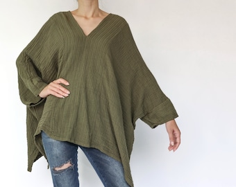 NO.276 Women's V Neck Kaftan Top, Loose Casual Summer Top, Natural Fiber Flexible Cotton Beachwear Caftan in Olive