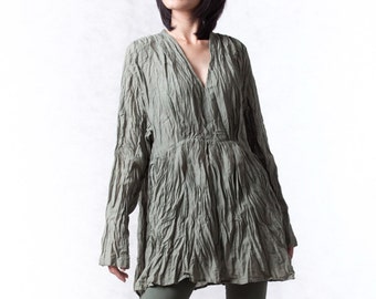 NO.96 Women’s V Neck Long-Sleeve Blouse in Olive