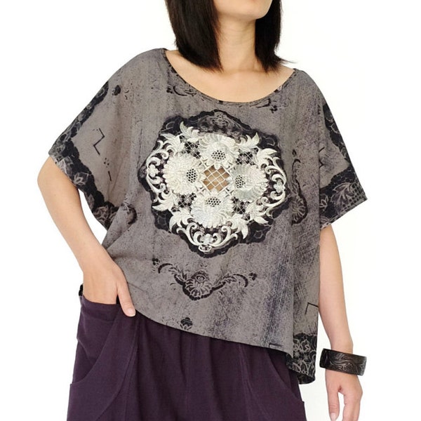 NO.169 Women's Short Sleeve Floral Embroidered T Shirt #Gray