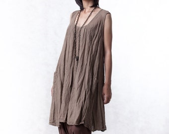 N.° 19 Vestido túnica informal holgado de algodón flexible, sin mangas, plisado, de corte A, para mujer, color caqui