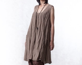 NO.19 Women's Sleeveless Pleated Front A-line Tunic Top, Natural Fiber Flexible Cotton Casual Loose Tunic Dress in Khaki