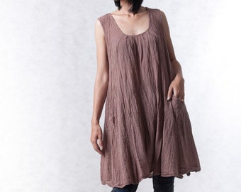 NO.19 Women's Sleeveless Pleated Front A-line Tunic Top, Natural Fiber Flexible Cotton Casual Loose Tunic Dress in Brownish Pink
