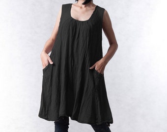 NO.19 Women's Sleeveless Pleated Front A-line Tunic Top, Natural Fiber Flexible Cotton Casual Loose Tunic Dress in Black