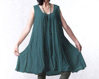 NO.19 Women's Sleeveless Pleated Front A-line Tunic Top, Natural Fiber Flexible Cotton Casual Loose Tunic Dress in Teal Green