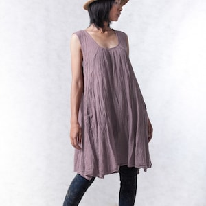 NO.19 Women&#39;s Sleeveless Pleated Front A-line Tunic Top, Natural Fiber Flexible Cotton Casual Loose Tunic Dress in Lilac