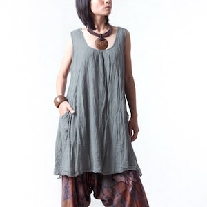 NO.19 Women&#39;s Sleeveless Pleated Front A-line Tunic Top, Natural Fiber Flexible Cotton Casual Loose Tunic Dress in Gray