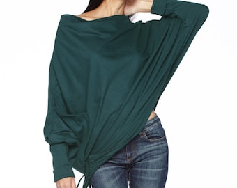 NO.59 Women's Cowl Neck Batwing Long Sleeve Asymmetrical Hem Sweater, Minimalist Clothing, Trendy Sweater Pullover in Teal