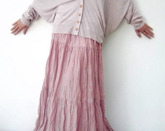 NO.5 Pink Cotton Gauze, Hippie Gypsy Boho Tiered Long Peasant Skirt