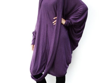 NO.57 Women's Batwing Sleeve With Scarf Dress, Batwing Long Sleeve Dress in Purple