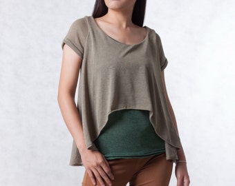 NO.165 Women's Scoop Neck Short Sleeves Double Layer Top in Moss and Olive