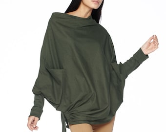 NO.59 Women's Cowl Neck Batwing Long Sleeve Asymmetrical Hem Sweater, Minimalist Clothing, Trendy Sweater Pullover in Olive